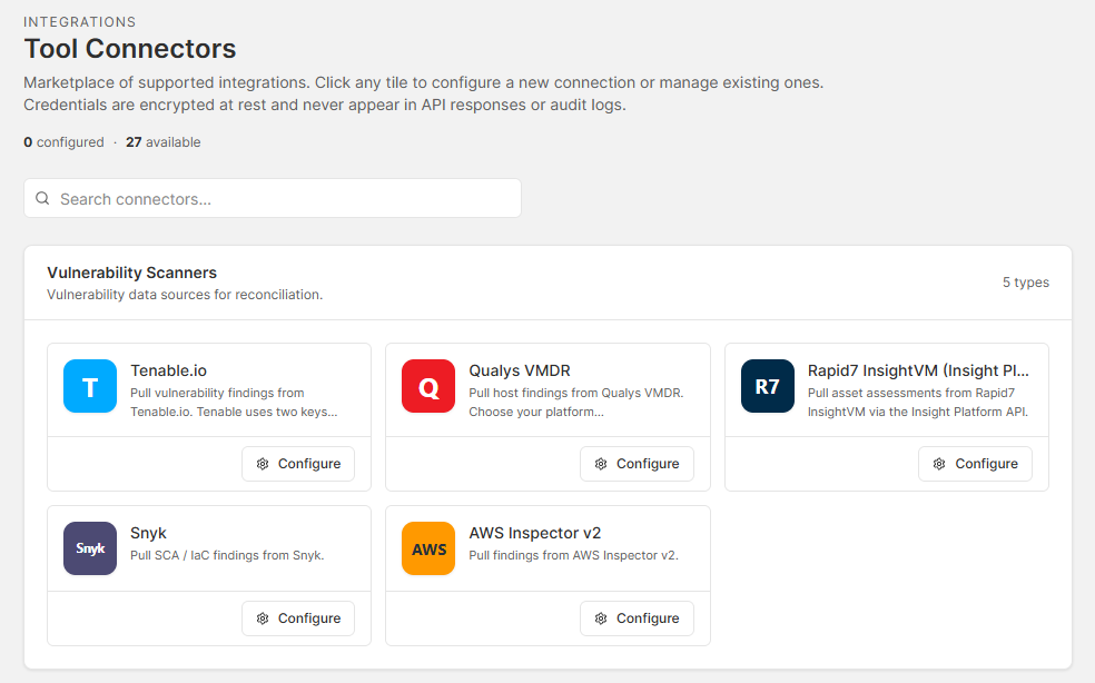 Tool Connectors — Tenable, Qualys, Rapid7, Snyk, AWS, Wiz